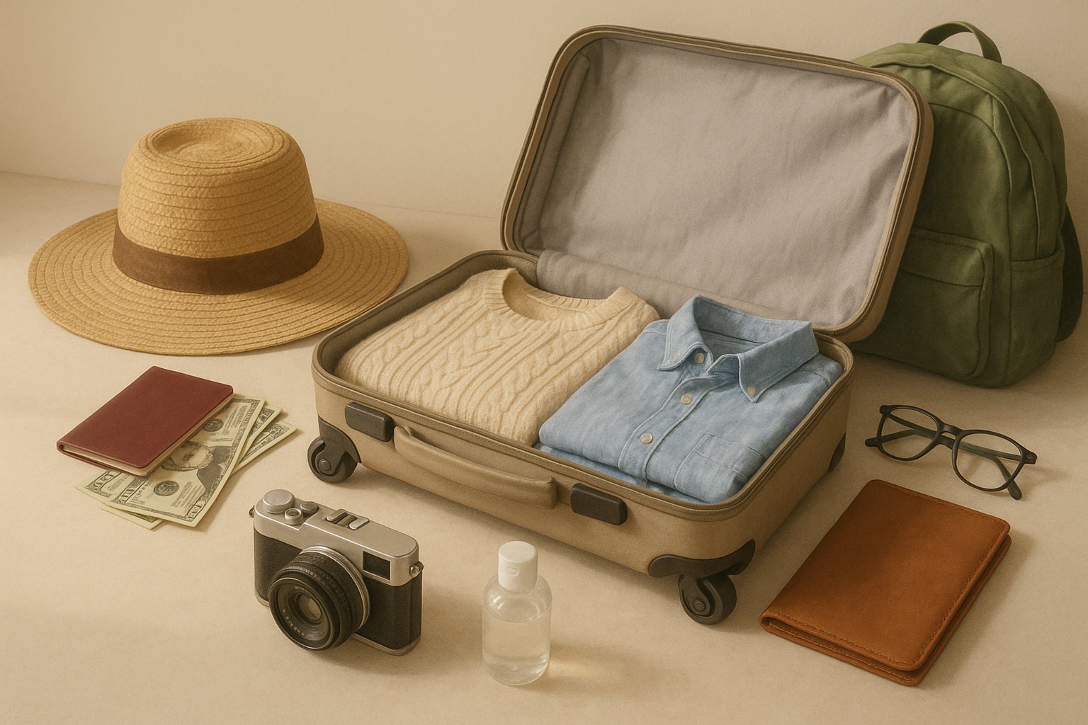 Realistic illustration for 7 packing tips for retirees traveling on a budget
